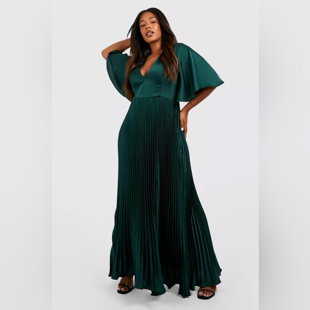 Satin pleated plunge gown occasion emerald maxi dress XL